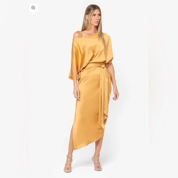 JBQ REVOLVE Mariah 2.0 Gold Satin Dress w/ belt Small $595 Retail  Asymmetrical